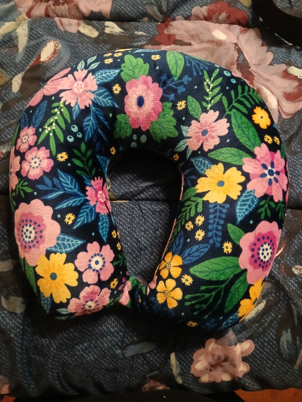 Floral Navy Memory Foam Neck Pillow - Pink, Yellow, Green